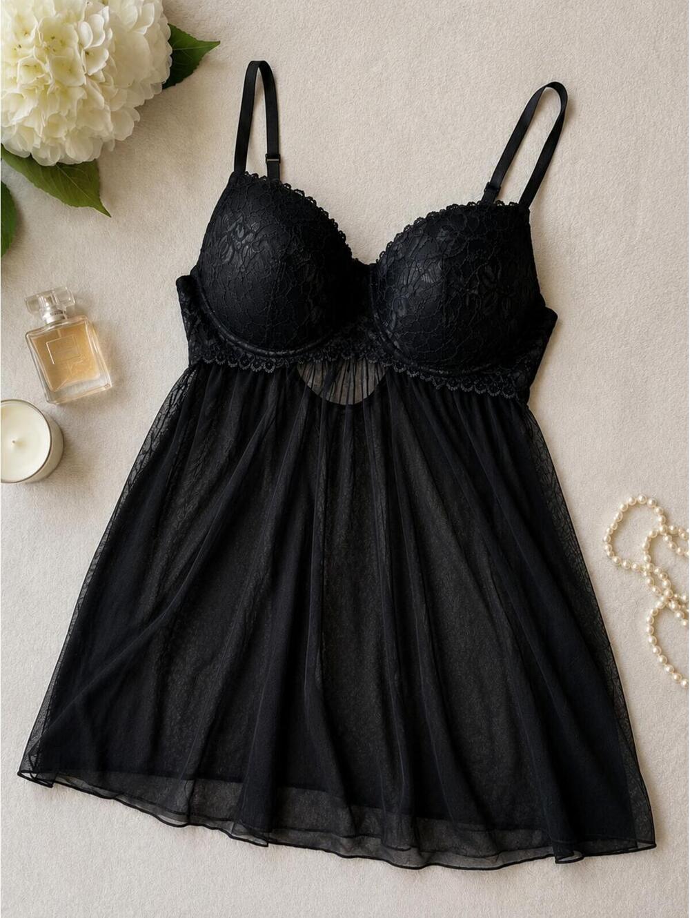 Black Lace Mesh Babydoll Lingerie Chemise Size Large